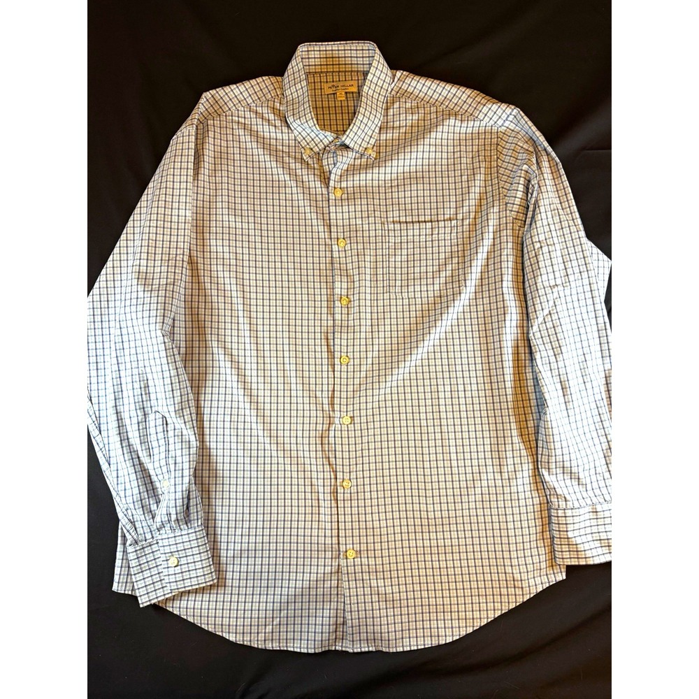 Peter Millar Summer Comfort Blue/White Check Men's Long Sleeve Dress Shirt, XL